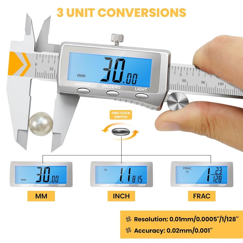 LAYME Digital Caliper, Rechargeable Caliper Measuring Tool with Backlight LCD Screen,Vernier Dial Caliper Stainless Steel with Auto-Off Feature,Inch Metric Fraction Conversion, for Jewelers/Woodworkers/DIY - Image 4